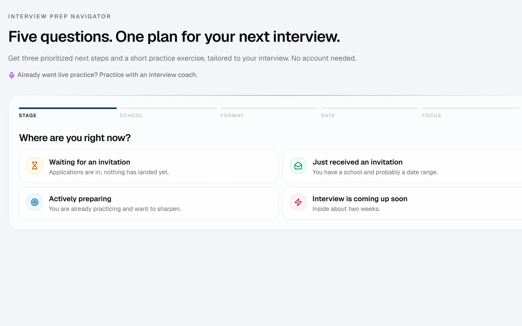 The Portal’s interview prep navigator asking where you are right now: waiting for an invitation, invited, preparing, or interviewing soon
