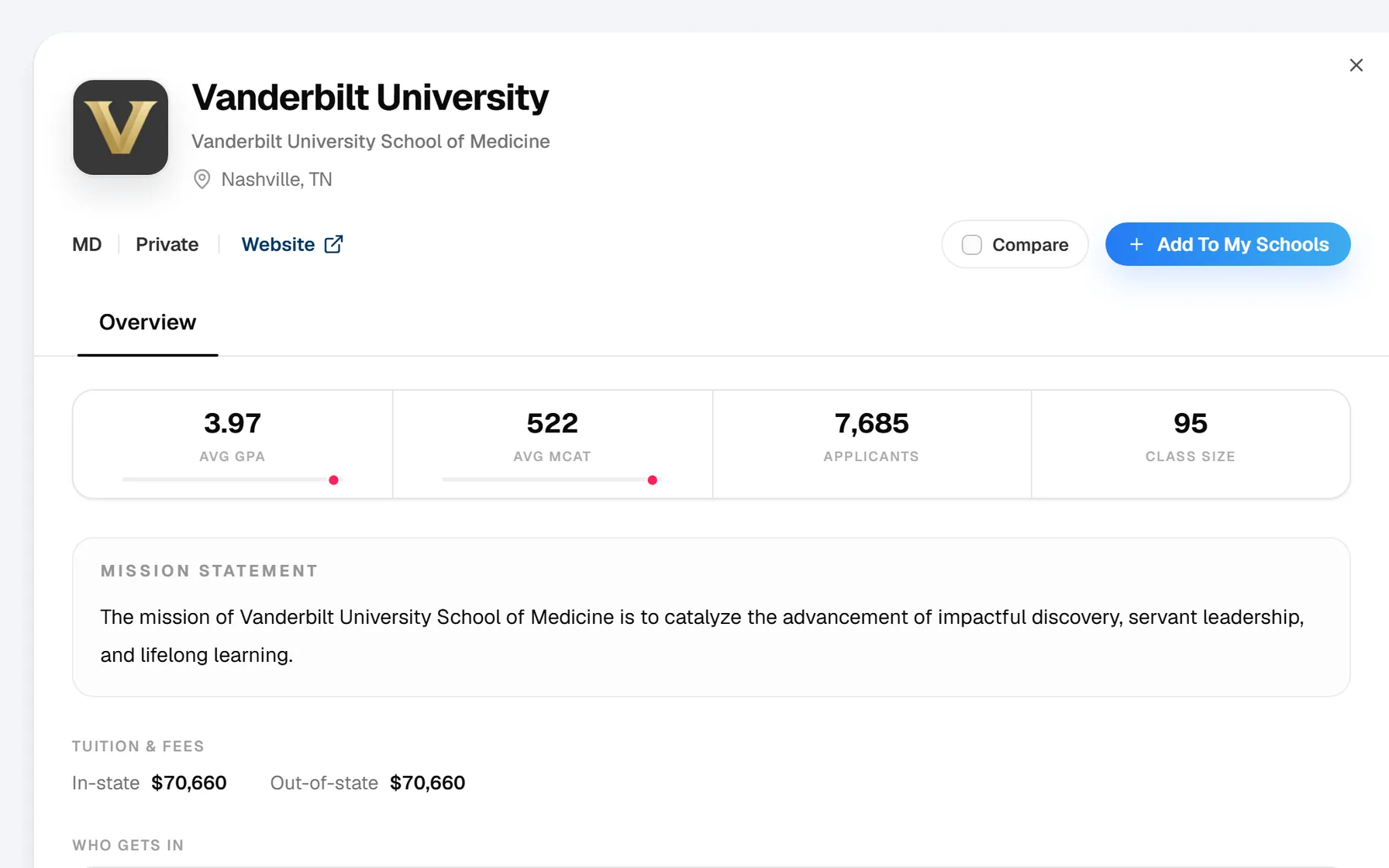 The Portal’s school profile for Vanderbilt University: average GPA 3.97, average MCAT 522, applicants and class size