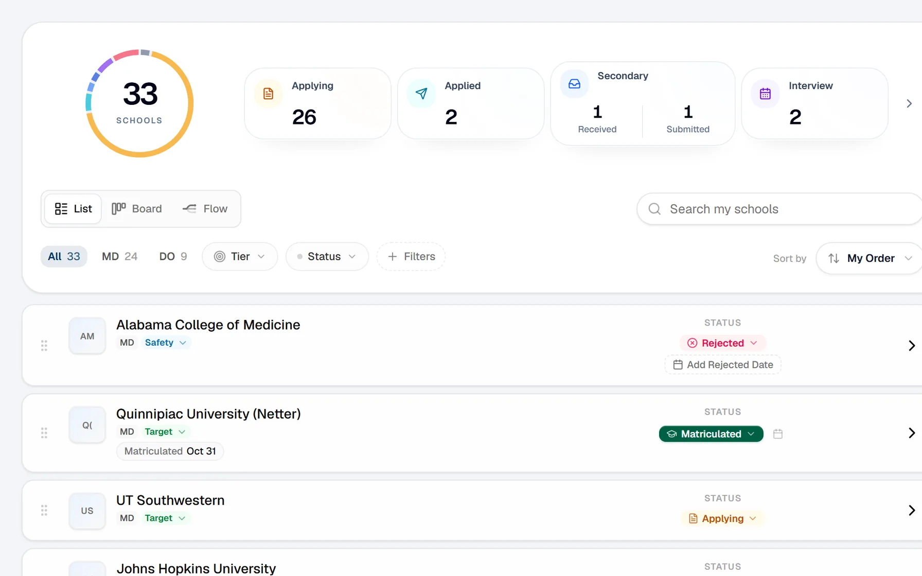 The Portal’s My Schools with sample data: 33 schools counted by status, 26 applying, 2 applied and 2 interviews, over the list with each school’s status