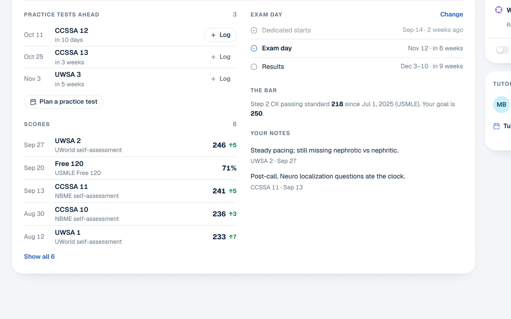 The Portal’s Boards timeline with sample data: three practice tests ahead, exam day in six weeks and the Step 2 CK pass mark