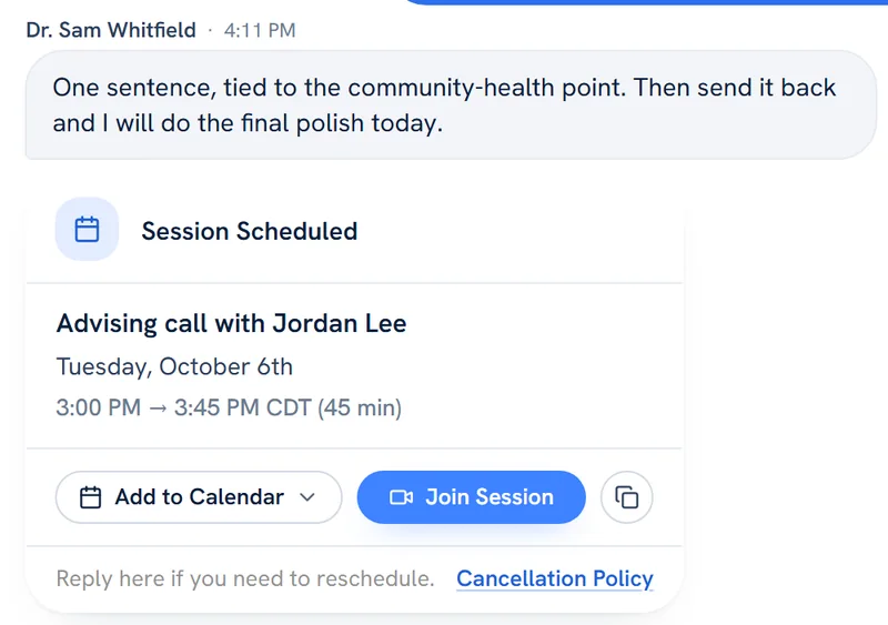 A sample message thread: an editor’s reply and a scheduled advising call with a button to join