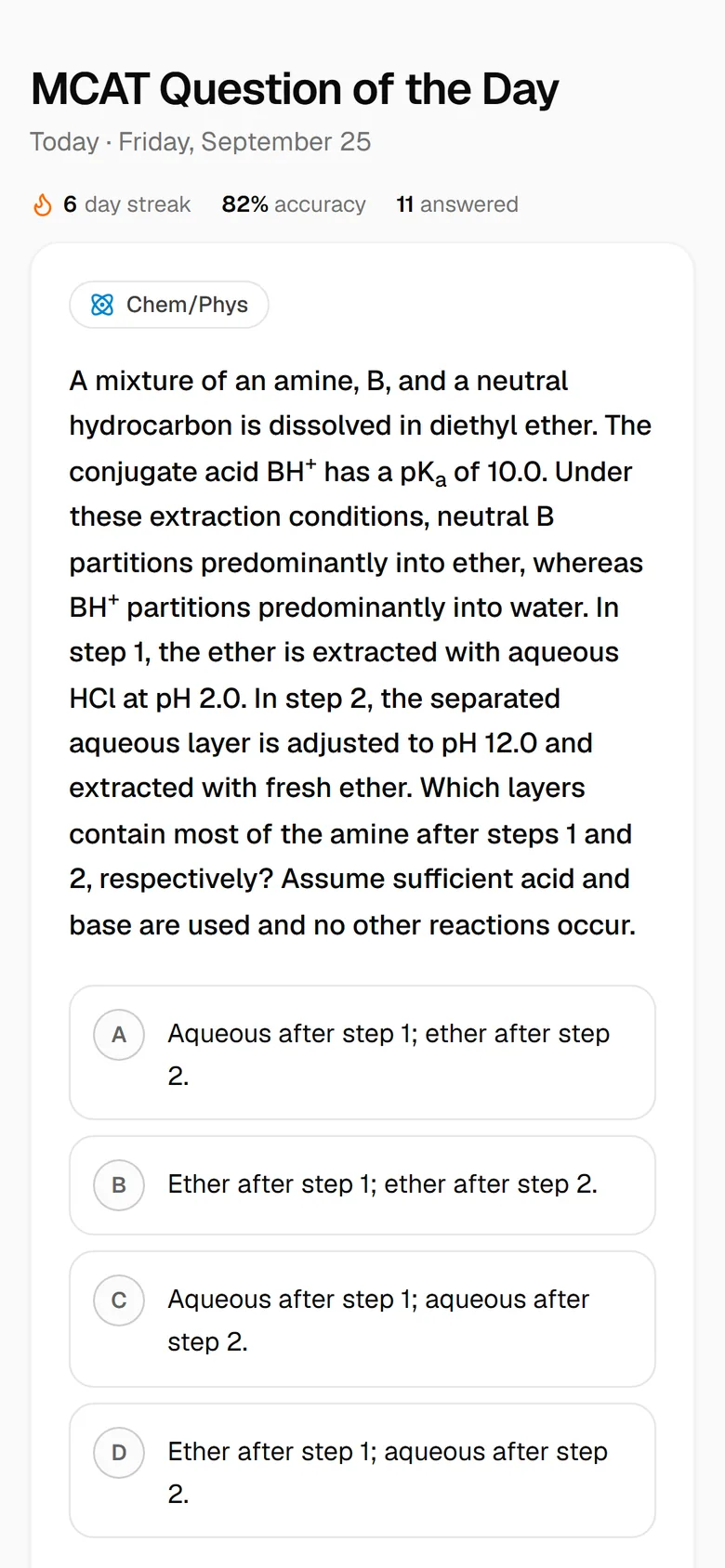 The MCAT Question of the Day on a phone, with a sample six-day streak