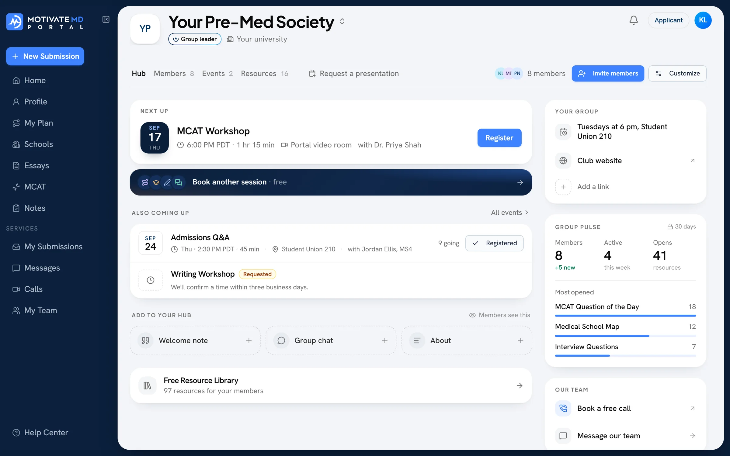 The Portal’s Group Hub for a sample premed society: the next workshop, upcoming events, member activity and the free resource library