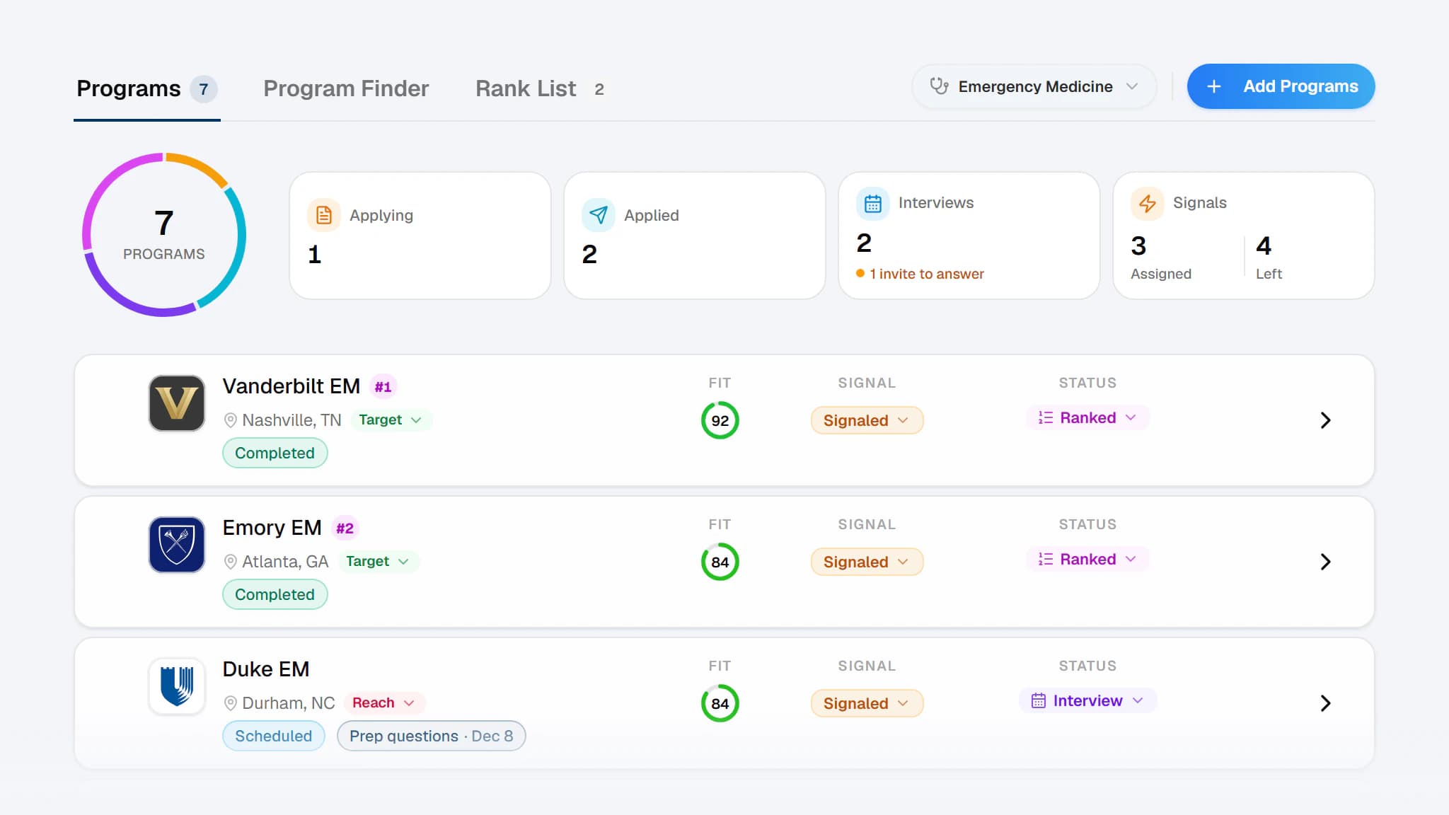 The Portal’s Residency Match workspace with seven sample Emergency Medicine programs, their fit scores, signals and rank-list status