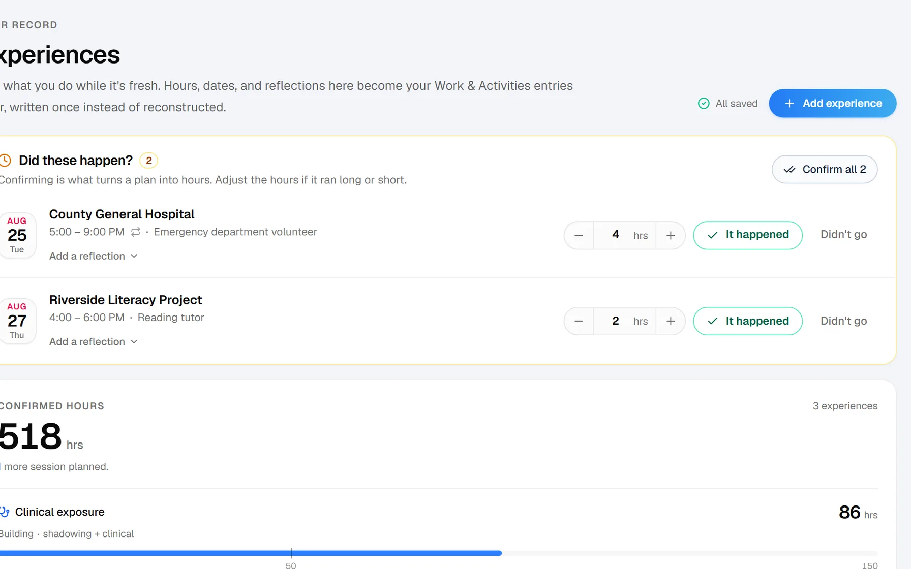 The Portal’s Experiences log with sample data: two volunteer shifts waiting to be confirmed and an emergency department role