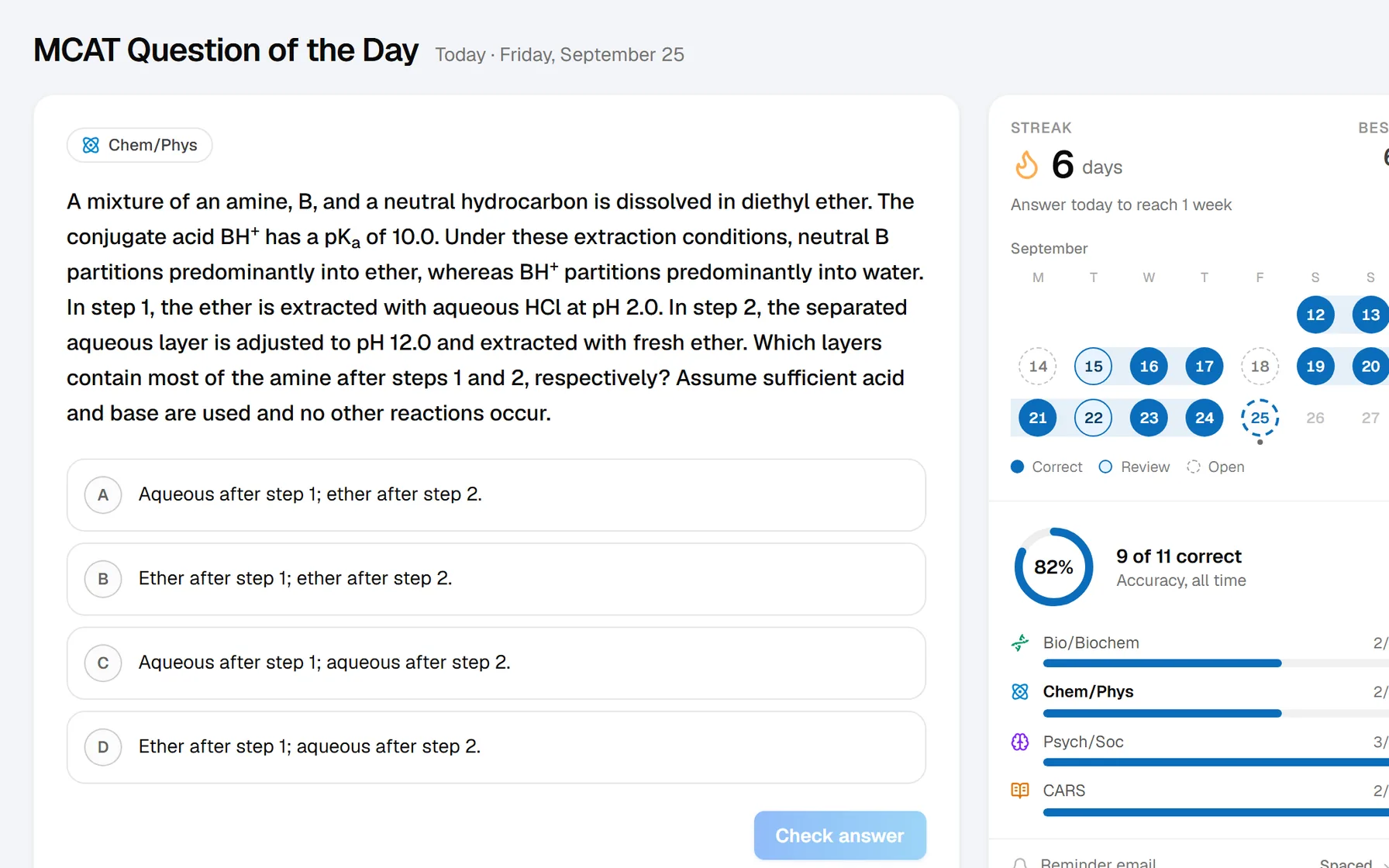 The Portal’s MCAT Question of the Day with sample data: a Chem/Phys question, a six-day streak and 82% accuracy
