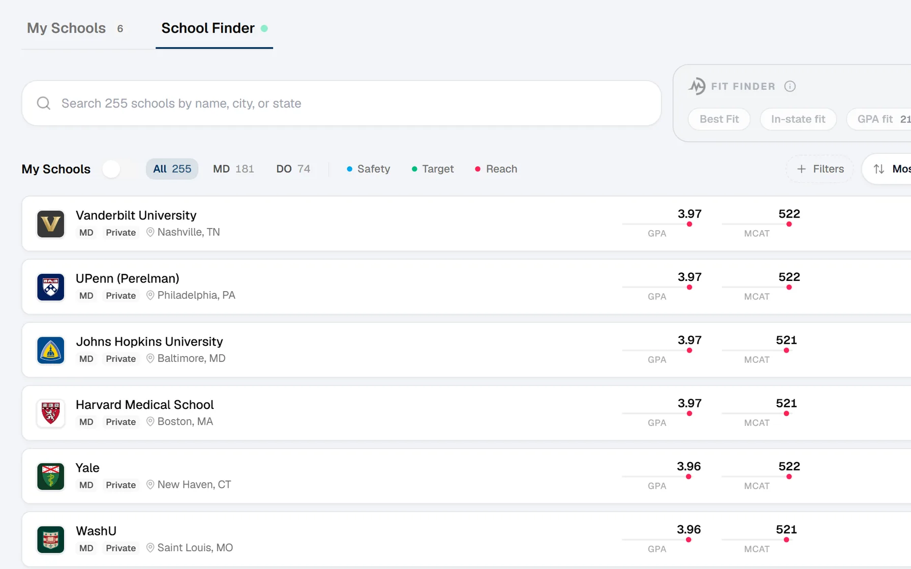 The Portal’s School Finder: medical schools listed with their average GPA and MCAT, and Fit Finder above them