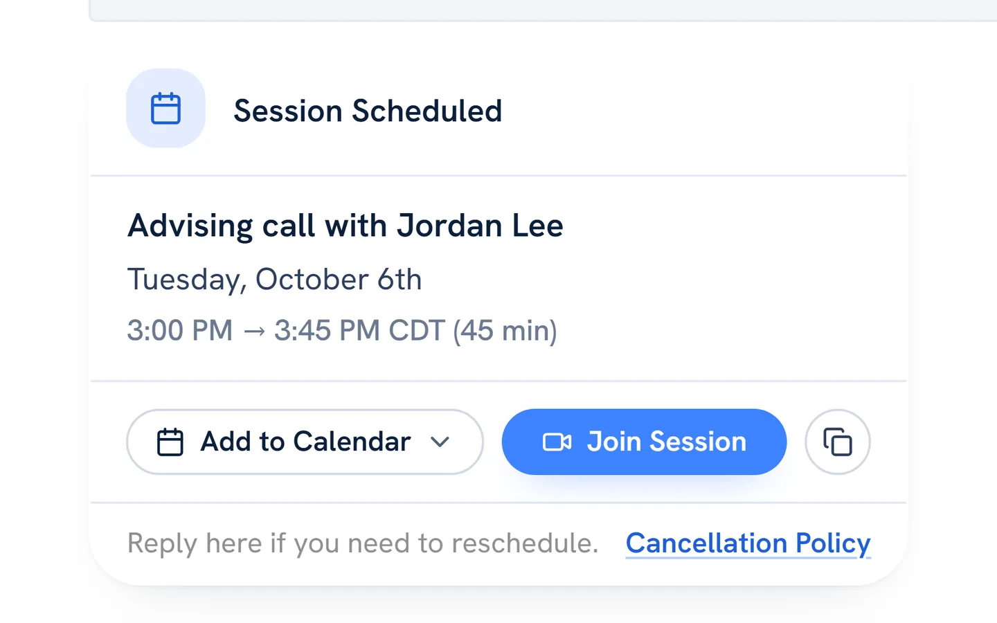 A sample scheduled advising call in the Portal, with Add to Calendar and Join Session