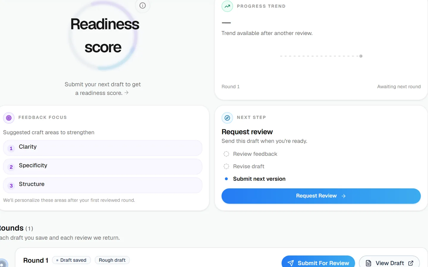 The Portal’s essay review panel: readiness score, feedback focus on clarity, specificity and structure, and the next step