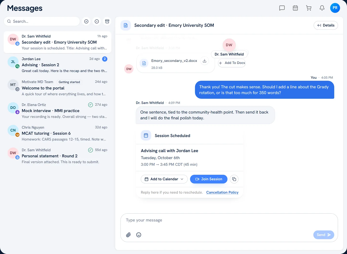 The Portal’s Messages with sample threads: a secondary edit, an advising session, a mock interview and MCAT tutoring