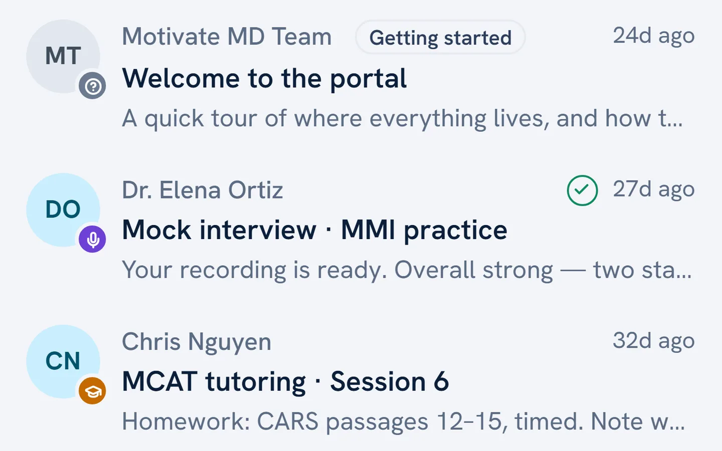 Sample Portal messages: a mock interview recording that is ready, and an MCAT tutoring session’s homework