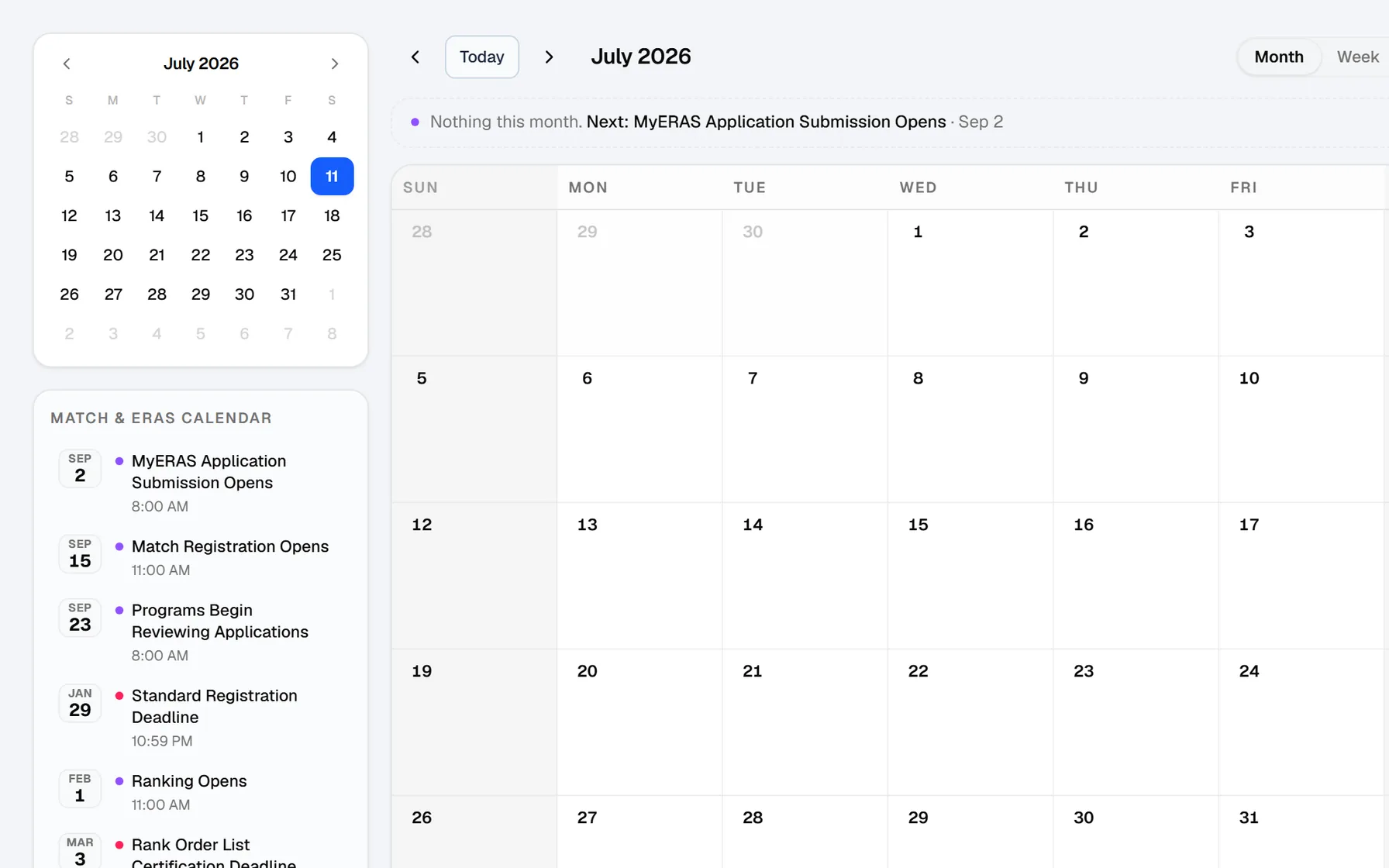 The Portal’s Match and ERAS calendar: MyERAS submission, Match registration and program review dates