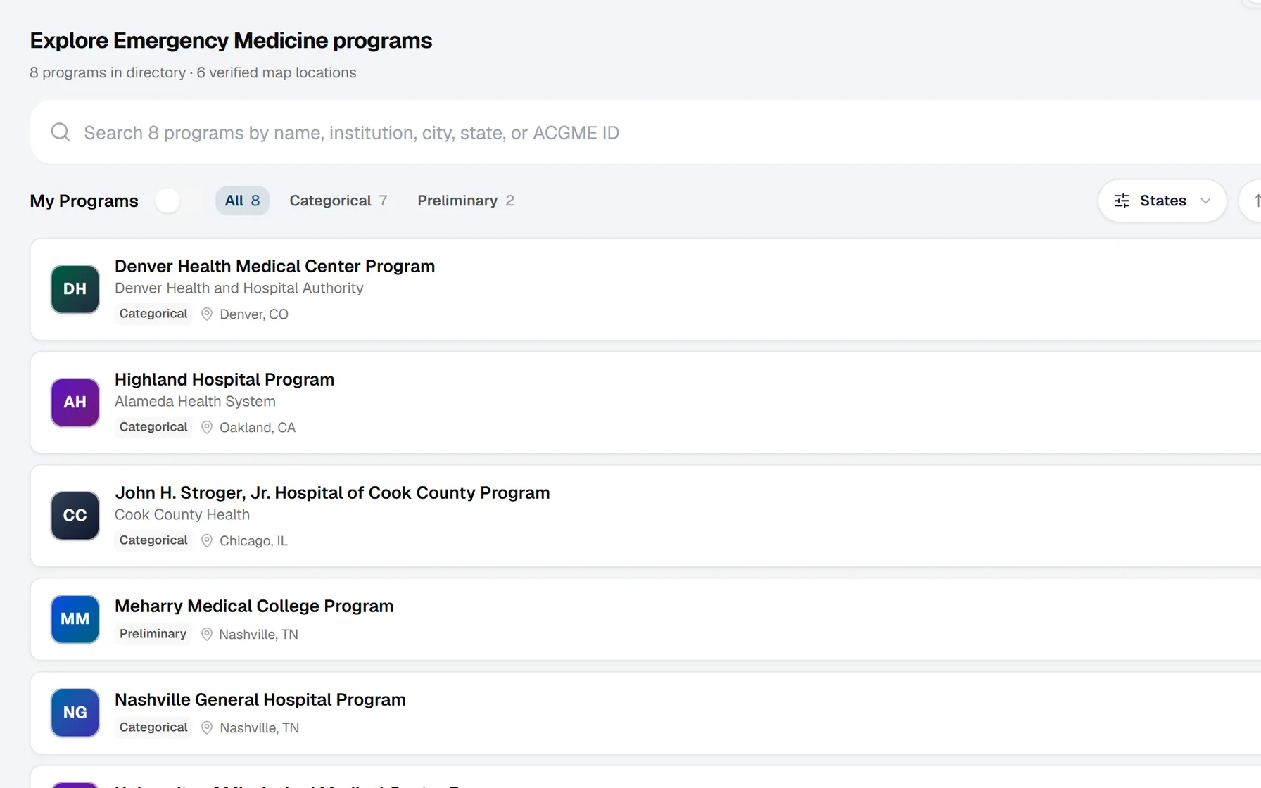 The Portal’s Program Finder listing Emergency Medicine programs with their institutions and locations