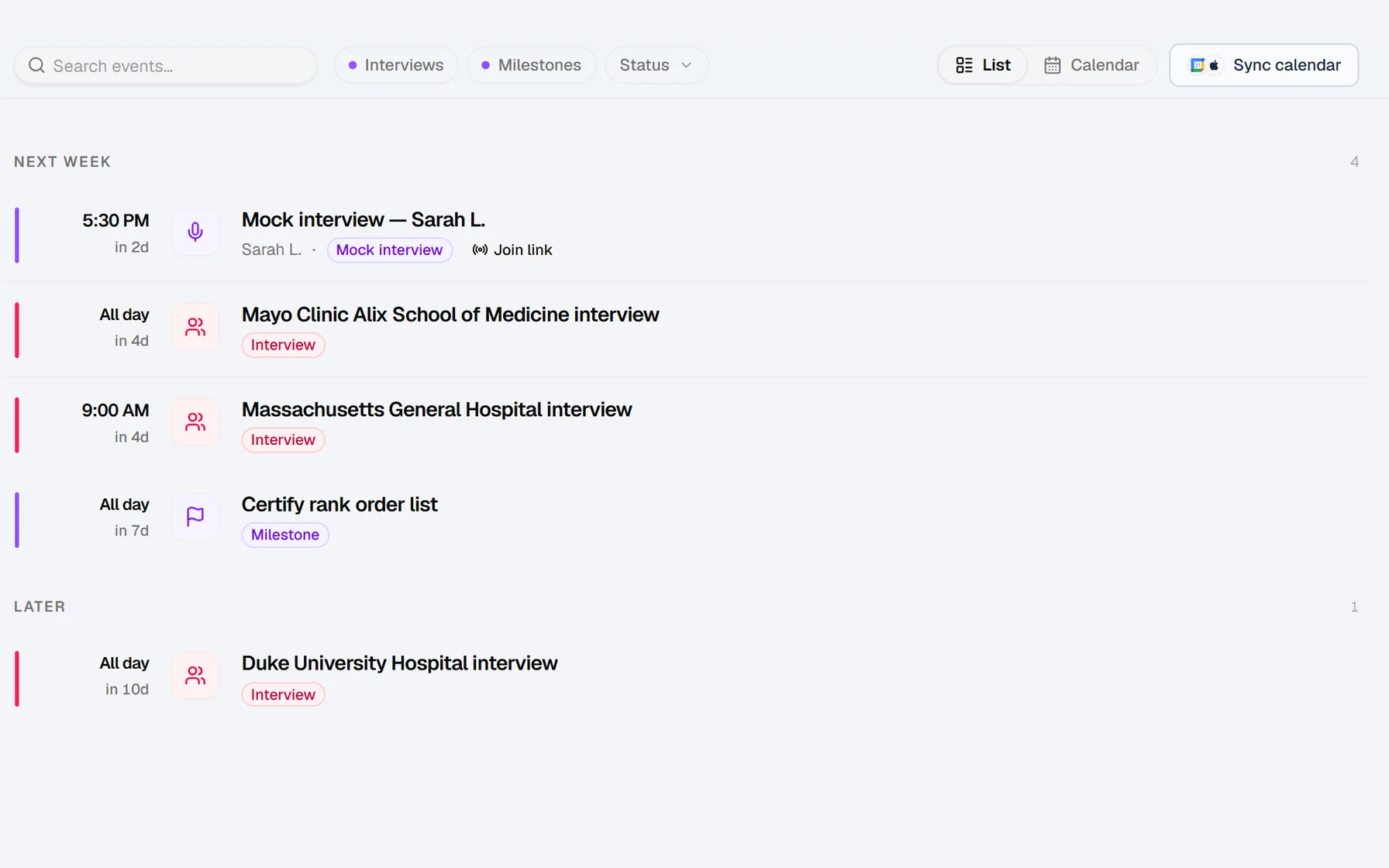 The Portal’s schedule with sample data: a mock interview, three interviews and the rank order list deadline